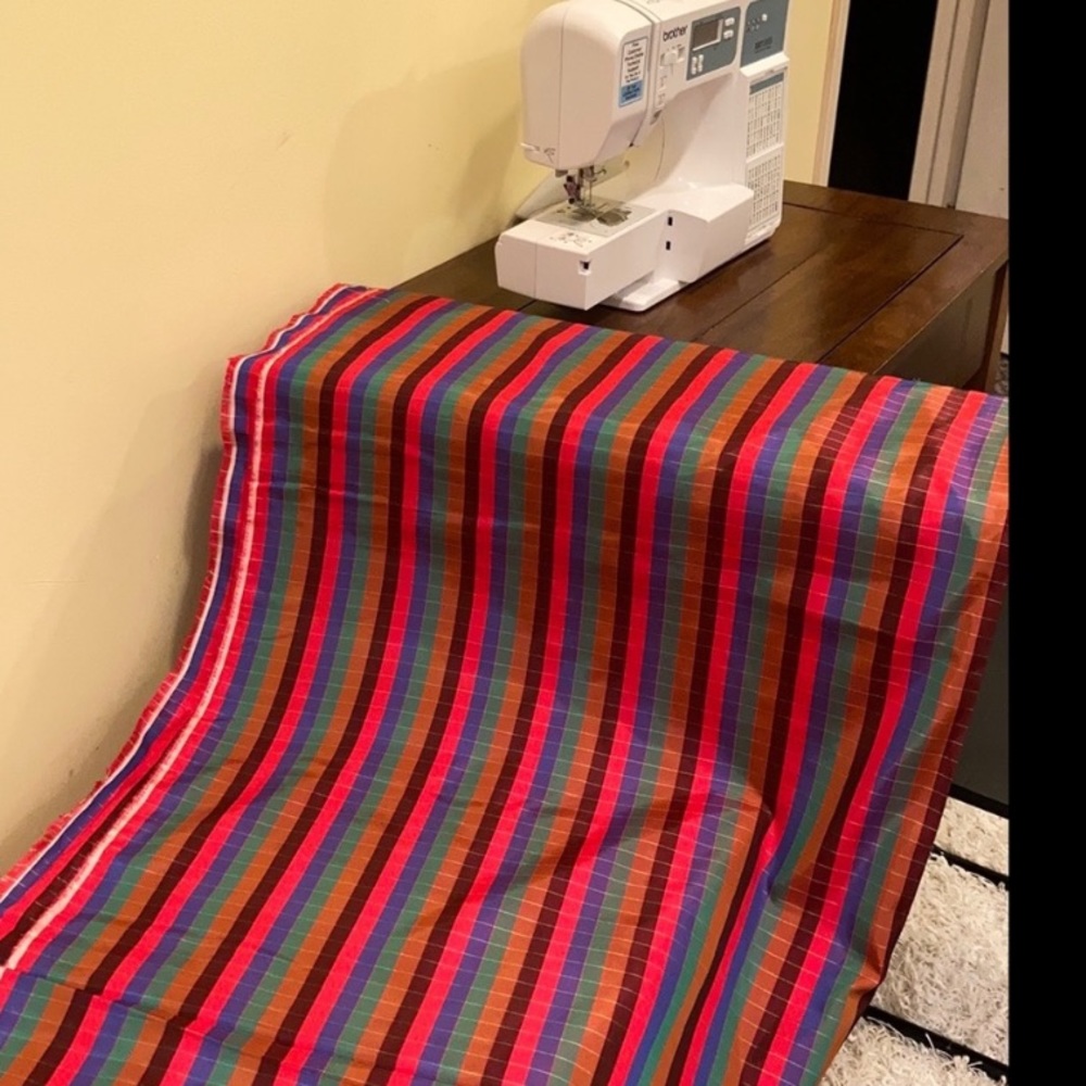 Vintage Taffeta fabric material striped w subtle check red green blue ~4.7yds